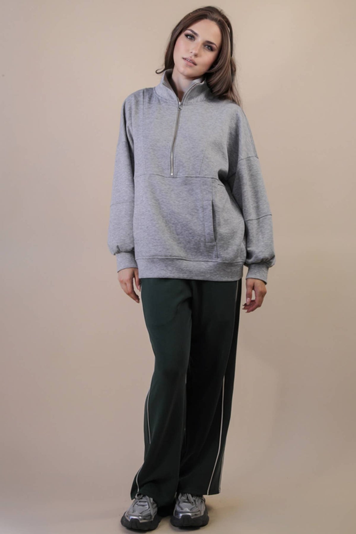 NT12354-Half Zip UP Oversized Casual Comfy Knit Top