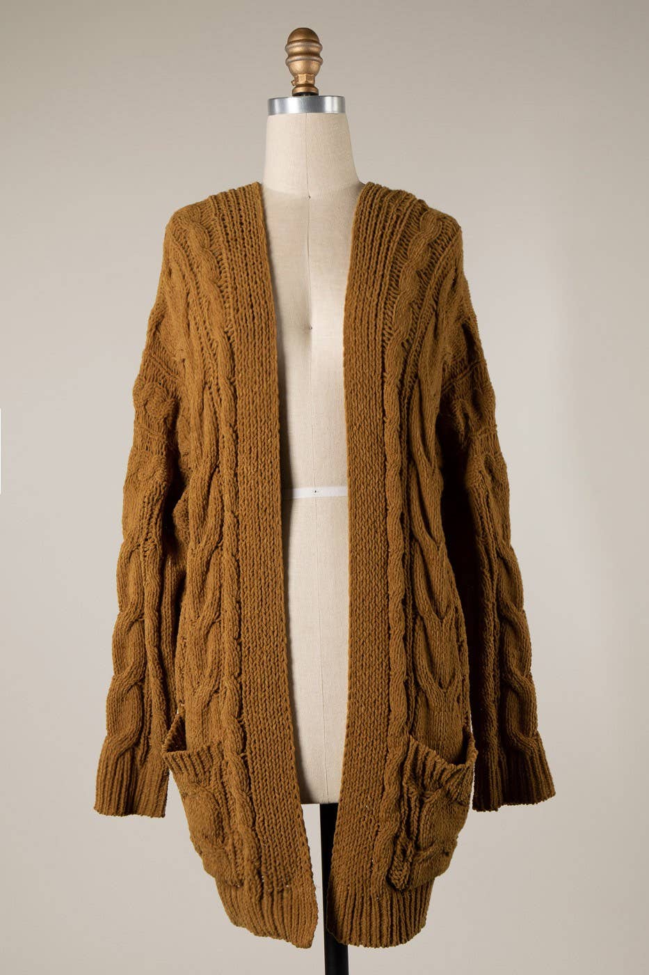 Cable Knit Chenille Cardigan With Patched Pockets