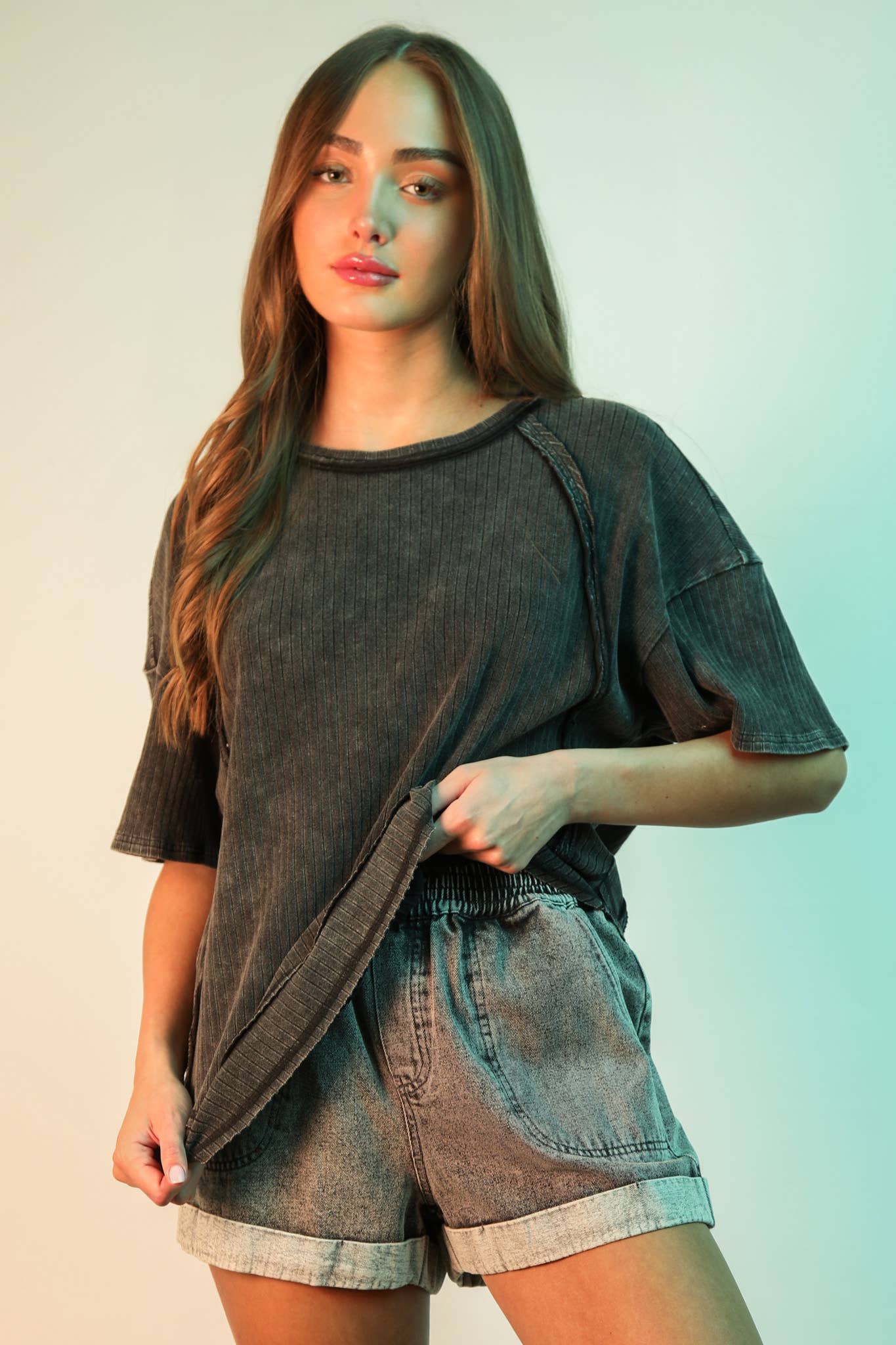 【BAON】[unisex] Milonde Ribbed Round Over Knit Mineral Washed Oversized Ribbed Knit Casual Top – The Blue Fern