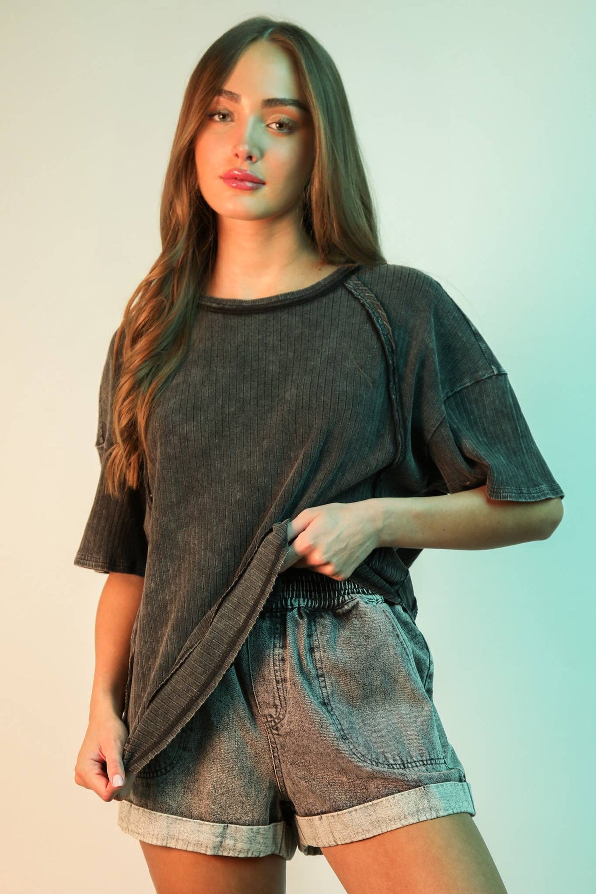 Mineral Washed Oversized Ribbed Knit Casual Top